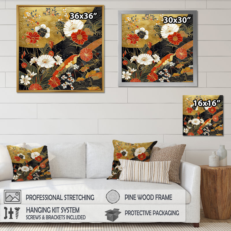 Charmant paysage d'art japonais II - art mural asiatique, 16" H x 16" W, Floater Framed Print without Mat, Silver