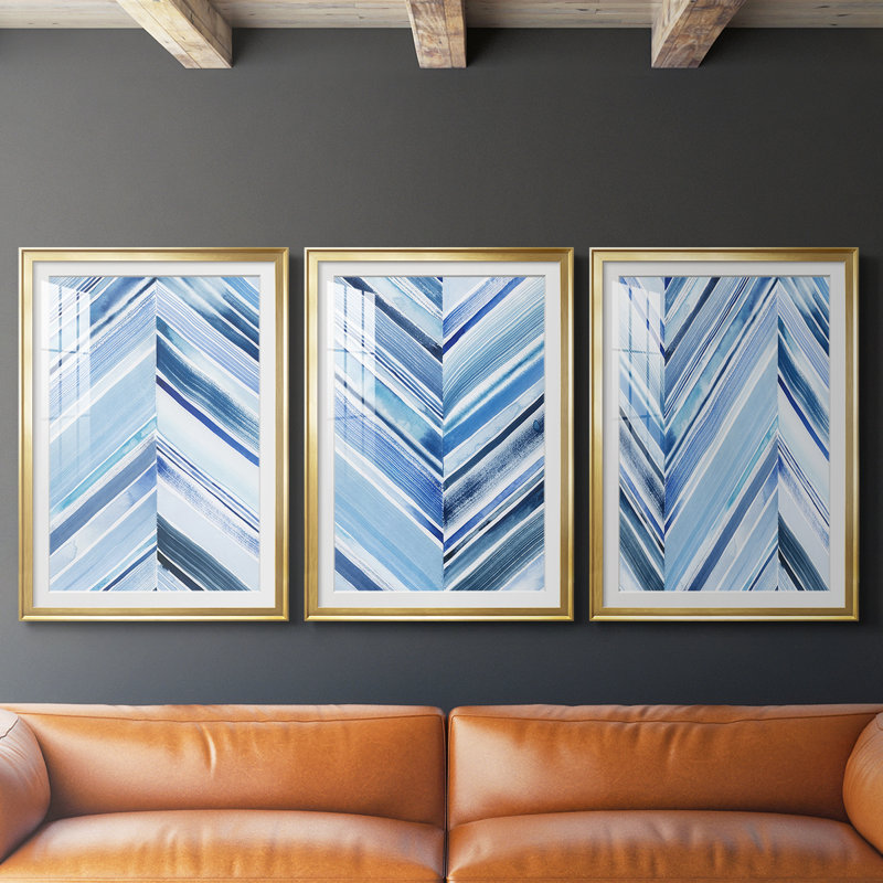 Vagues à crête ondulée I - Impression encadrée sur mesure de qualité supérieure mate - 3 pièces, H 21 po x l 30 po, Doré