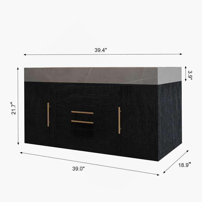 Meuble-lavabo simple flottant avec comptoir en faux marbre, lavabo en céramique, tiroirs et armoires pour des salles de bain fonctionnelles et élégantes