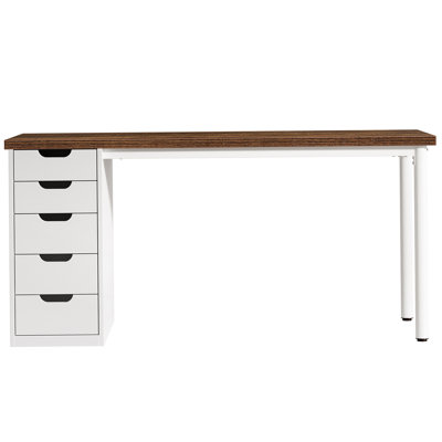 Bureau d'ordinateur moderne de 47 pouces avec 5 tiroirs et armoire réversible, brun rustique et blanc, idéal pour les petits espaces et les bureaux à domicile
