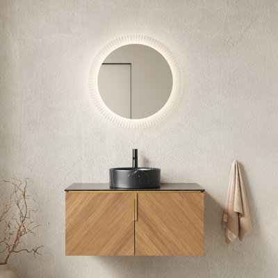 Meuble-lavabo de 36 po, design, plateau en pierre frittée noire, lavabo rond en céramique, chêne brun, portes doubles, grand espace, fermeture en douceur