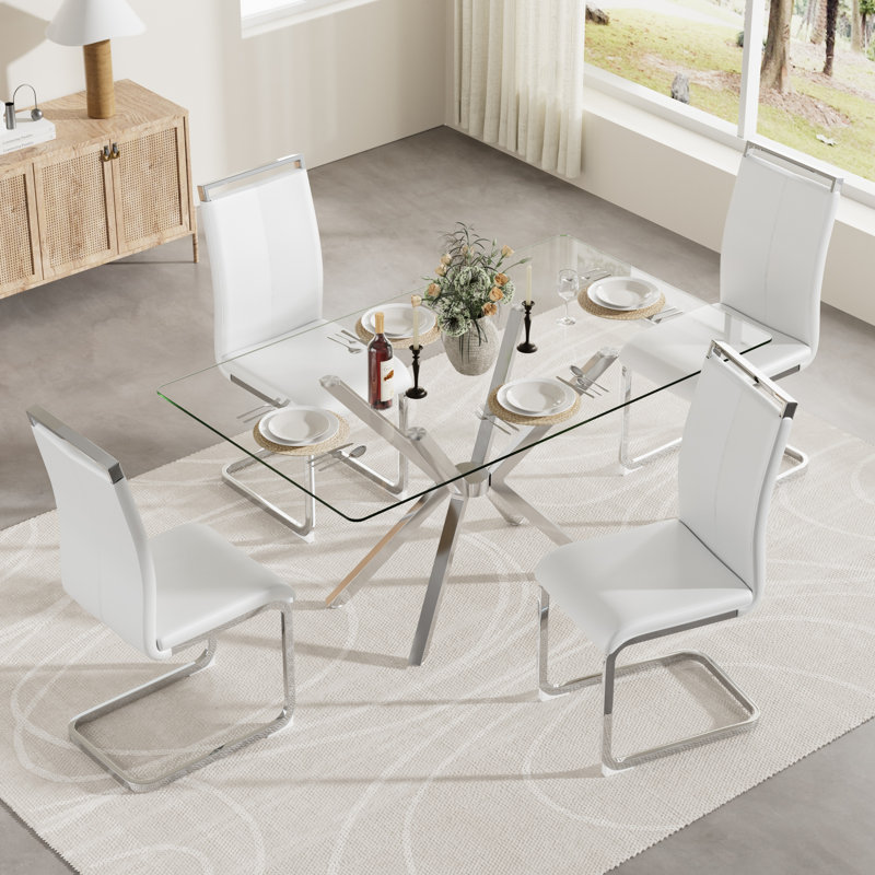 Ensemble de table de salle à manger moderne en verre 47 po et 4 chaises en tissu à haut dossier, pieds en métal argent / noir / or pour la salle à manger de cuisine