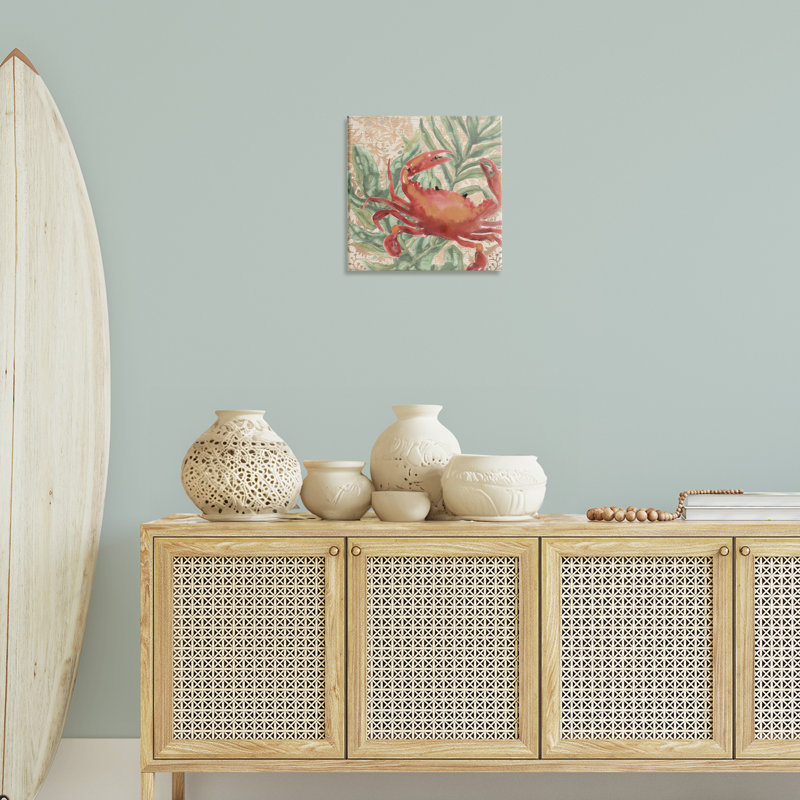 «Crab on Palm Leaves», art mural sur toile par June Erica Vess, H 17 po x l 17 po