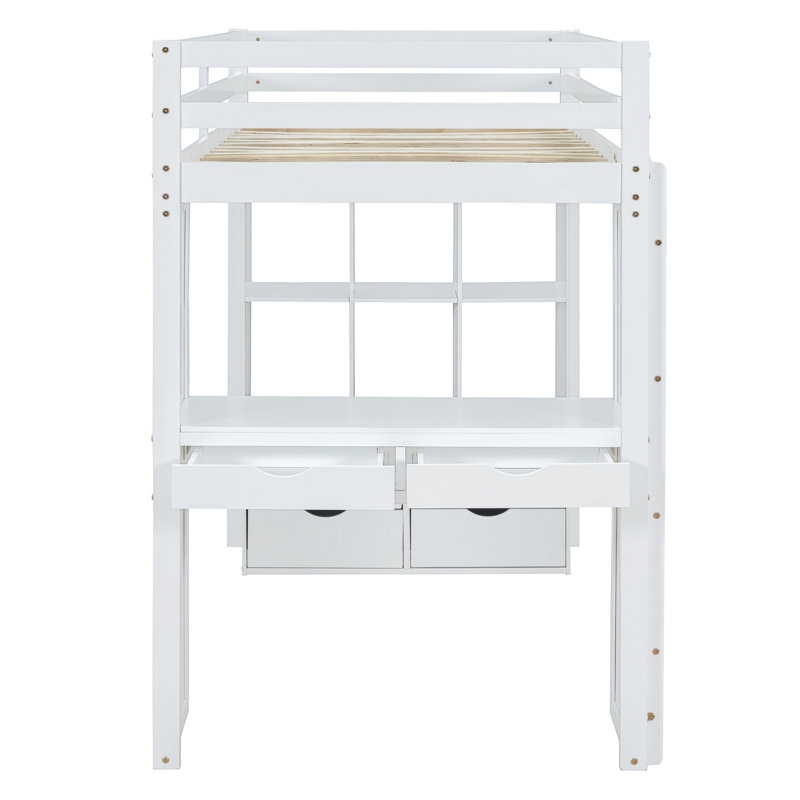 Leda Storage Loft Bed with Desk, Bookcase and LED Lights, Twin, White