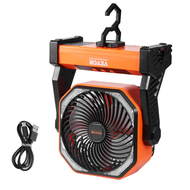 VEVOR 8-Inch Orange Rechargeable Desk Fan with LED Lantern