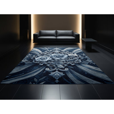 Machine Washable Benson Vintage Floral Rug in Grey – Navy Binding