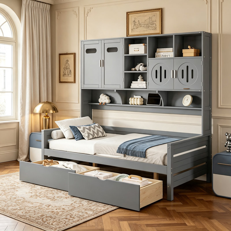 Lit de jour en bois pour une personne avec 2 tiroirs, meuble de rangement et étagère intégrés, gain de place et élégant, Grey