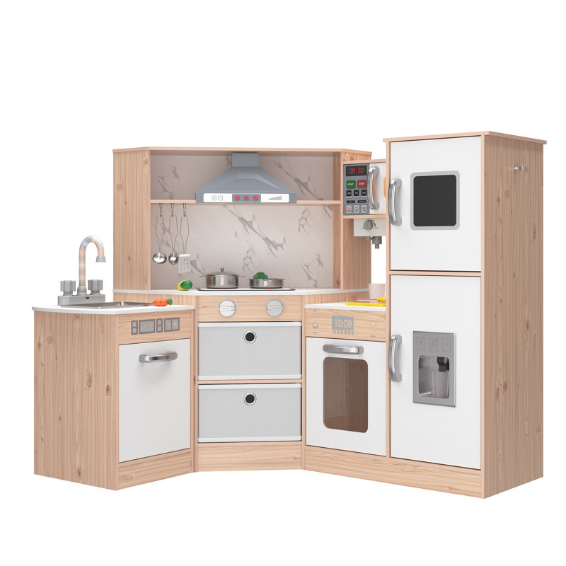 Wooden Play Kitchen For Kids With Realistic Lights & Sounds, Smart Storage, Pretend Ice Maker, Sink, Stove, Inspiring Creative Role Play Toy For Ages 3+(light Wood)
