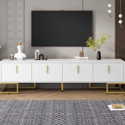 Meuble télé 80 po avec pieds en métal et tablettes réglables, support en or blanc à motif géométrique