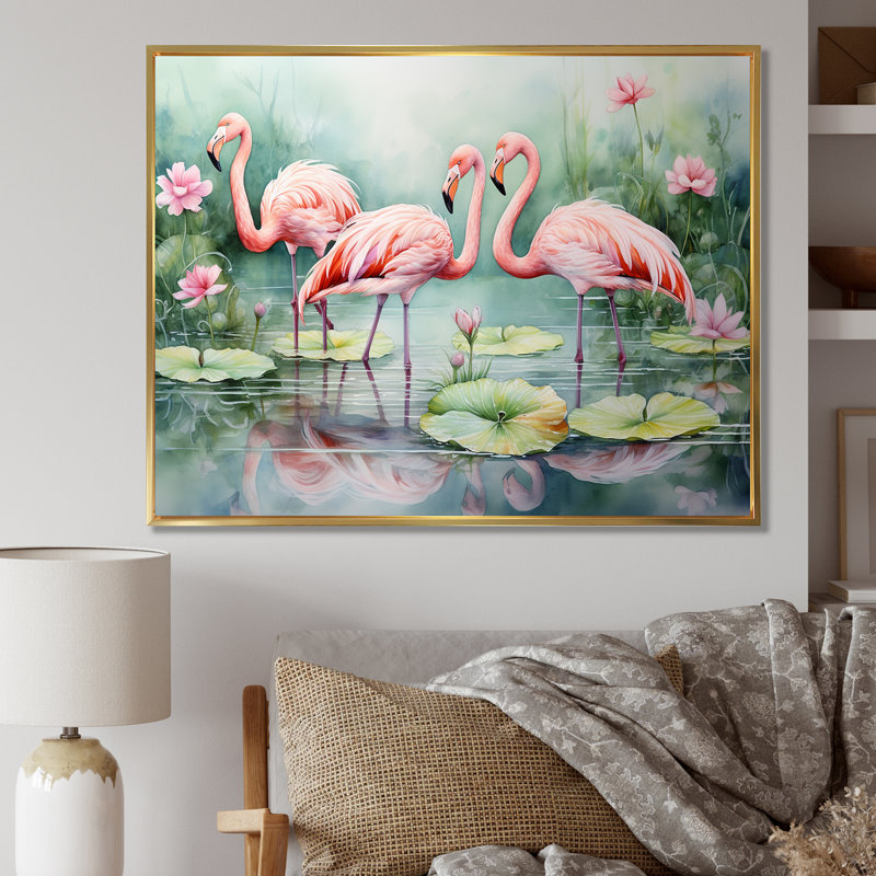 Élégant paradis flamant rose - décoration murale flamant rose, H 34 po x l 44 po, Cadre flottant doré