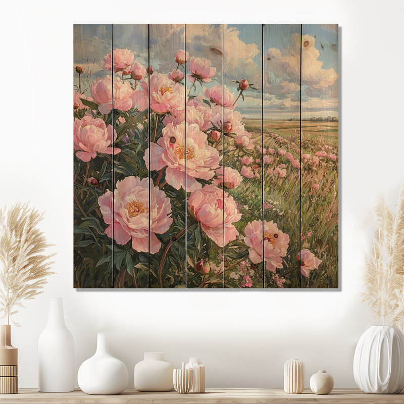 Peonies At The Farms Edge I - Peonies Wood Wall Decor - On Natural Pine Wood, 30" H x 30" W x 0.78" D