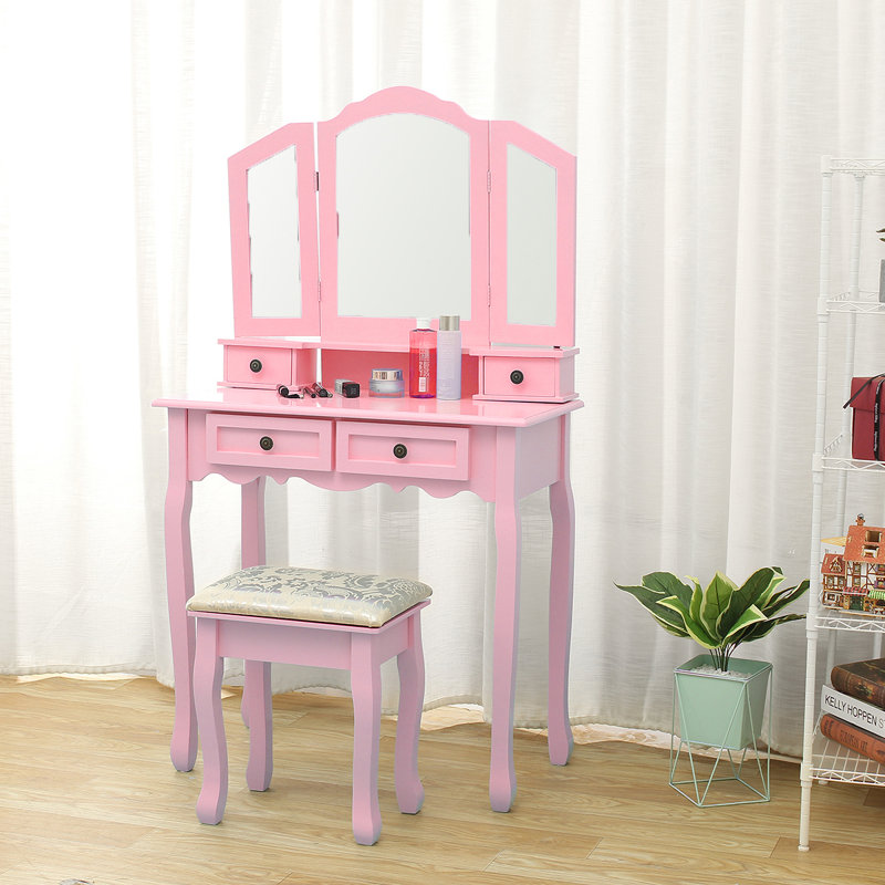 Ensemble coiffeuse avec tabouret et miroir Damonni, Rose