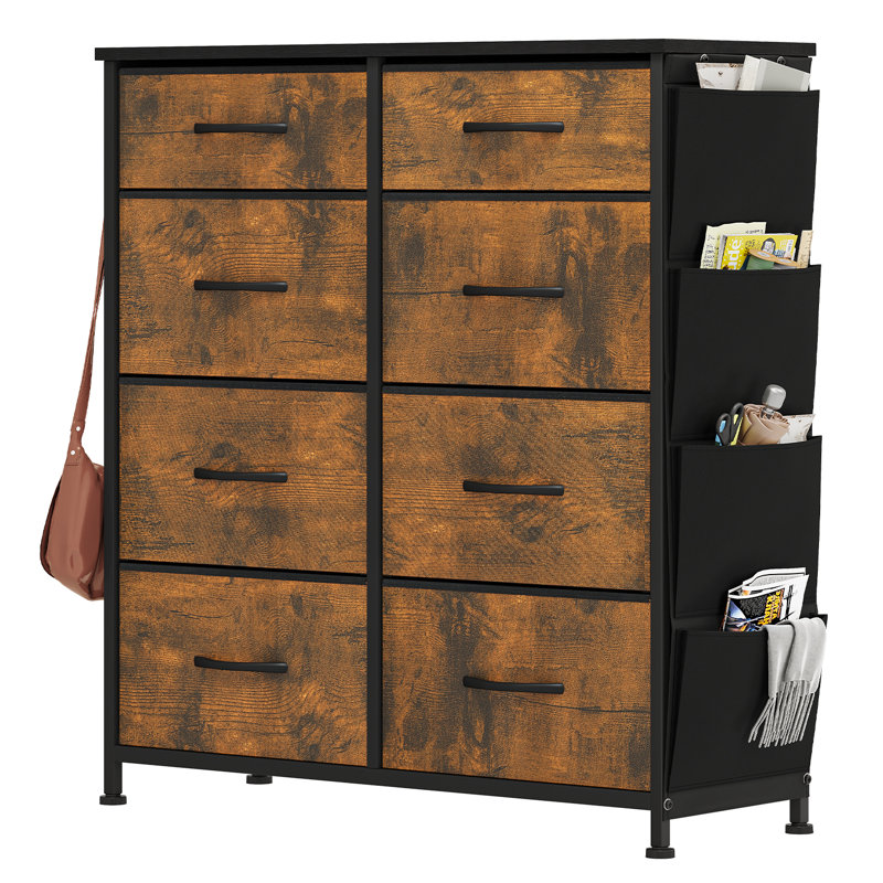 8-Drawer 86Cm W Chest Of Drawers with Side Pockets, Rustic Brown/Black
