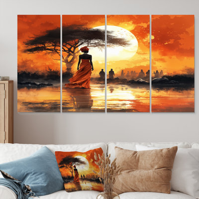 Belle femme africaine se promenant le long de la rivière III - ensemble de décorations murales paysage africain