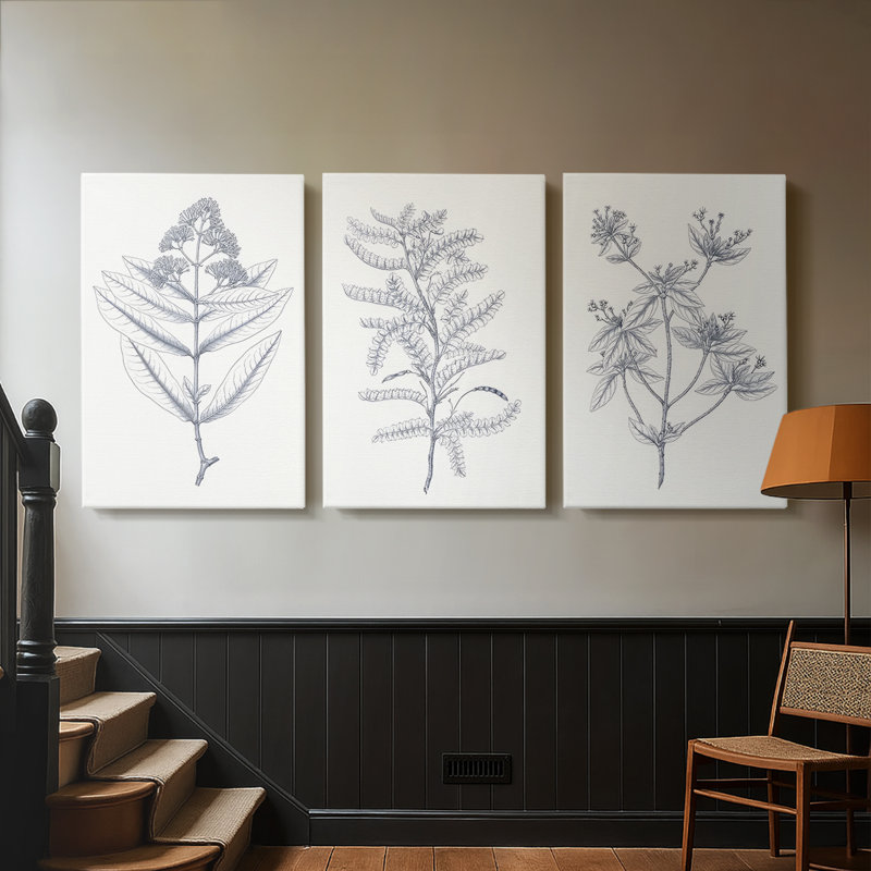 Indigo Botany Study I - Toile tendue avec châssis sur mesure - 3 pièces, H 36 po x l 72 po