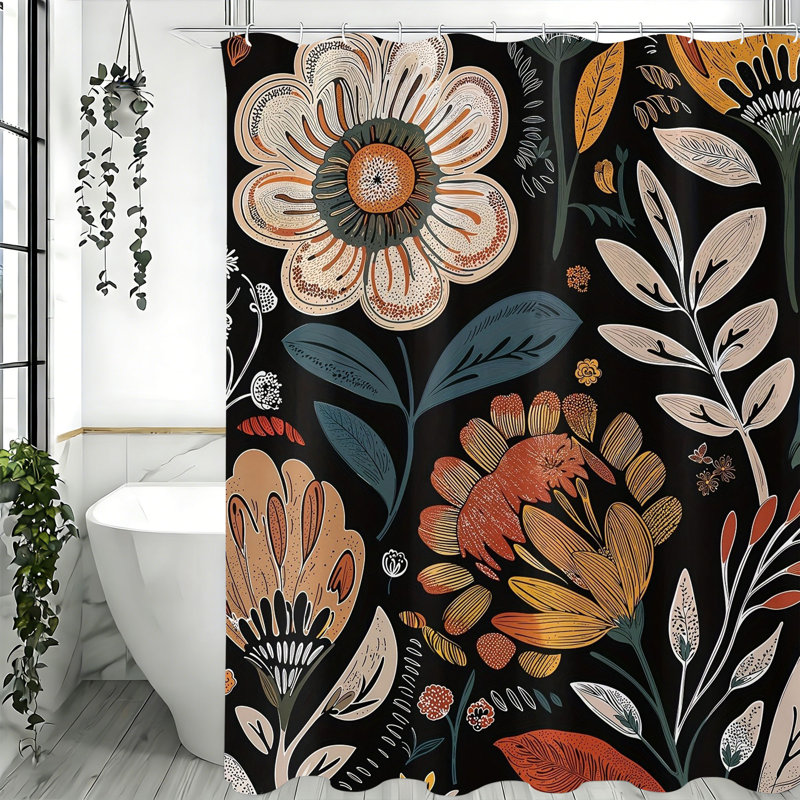 Rideaux de douche Ã  motifs floraux avec crochets inclus, Black