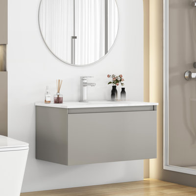 Meuble-lavabo mural 32 po avec grand tiroir, système de fermeture en douceur, lavabo en céramique et finition gris moka