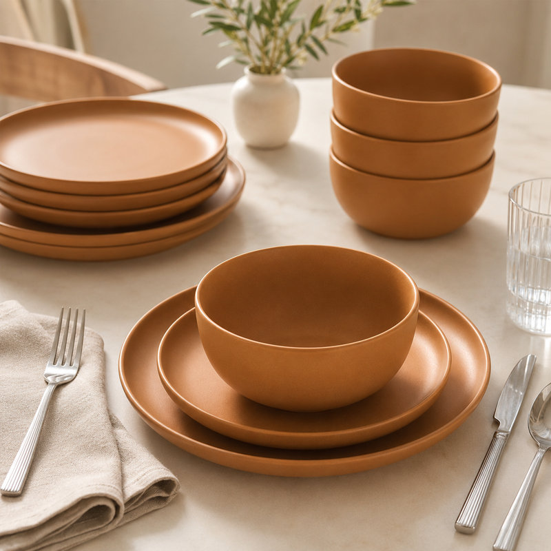 Service de vaisselle en céramique orange matte pour 4 assiettes, 4 assiettes, résistantes aux hautes températures et résistantes aux hautes températures