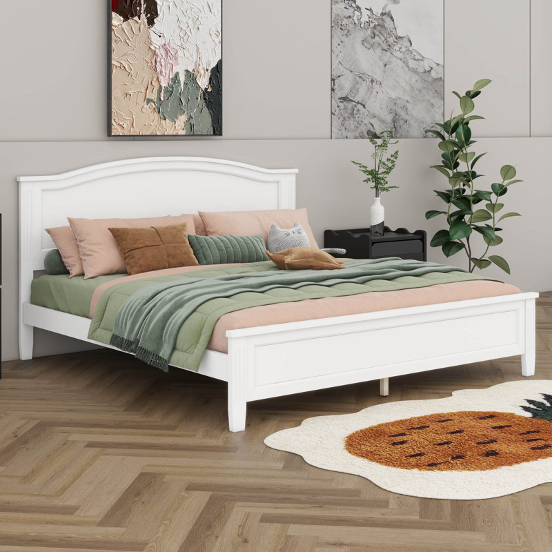King Size Platform Bed With Curved Headboard, Solid Wood Farmhouse Platform Bed Frame, White