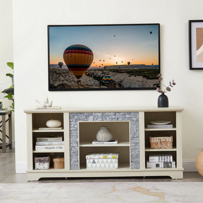 Meuble télé moderne de 58 po avec cadre en pierre empilée réaliste, centre de divertissement avec grand espace de rangement, console média en bois pour téléviseur de 65 po ou moins, support de salon, mobilier d'appartement