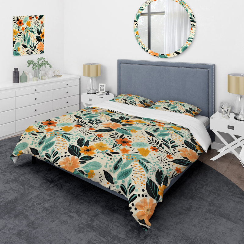 Ensemble de housse de couette Floral Fusion In Black & Yellow II, Housse de couette simple + 1 taie décorative stan