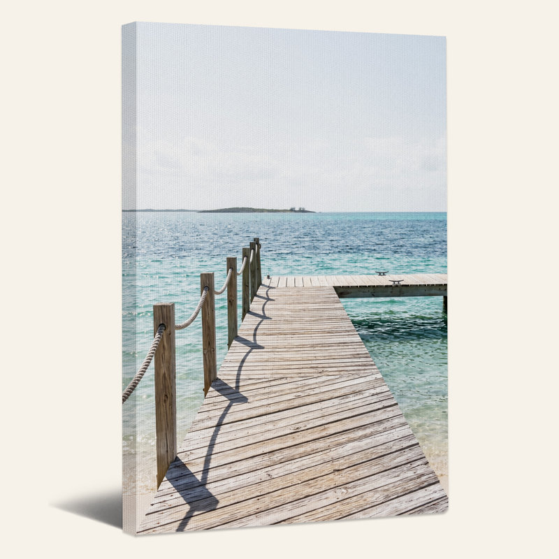 Tableau sur toile représentant une jetée en bois avec une rambarde en corde surplombant une eau turquoise, H 30 po x l 20 po