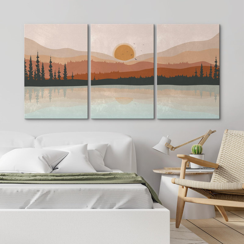 «Sun Mountain Landscape Nature Landscape Decor Abstract on Canvas», reproduction de 3 pièces, H 24 po x l 48 po x P 1,5 po