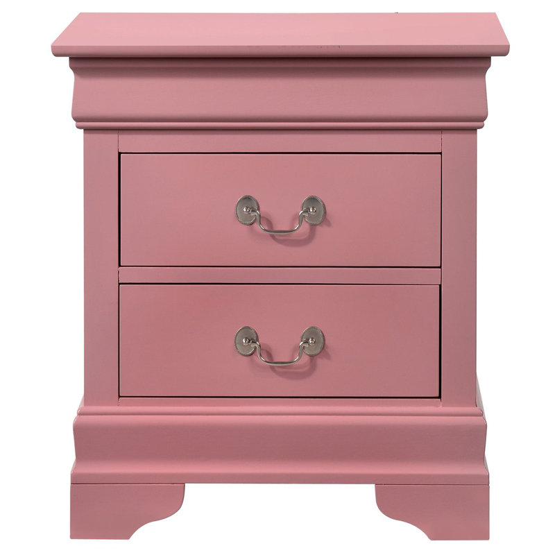 Table de chevet 2 tiroirs LouisPhillipe avec base sculptée, rose, Rose
