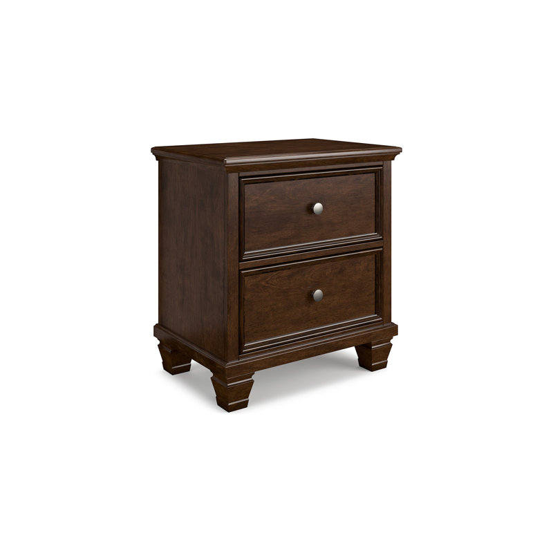 Table de chevet Reno, 2 tiroirs, boutons ronds en nickel, bois massif brun riche
