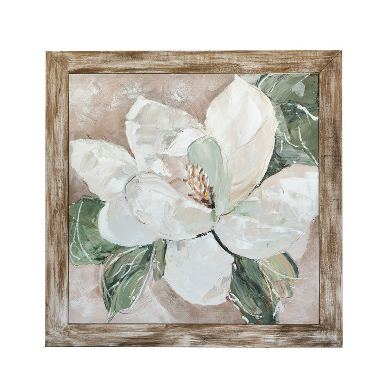 Art mural en toile de magnolia blanc peint à la main avec cadre en bois de sapin, 39,4 po x 39,4 po