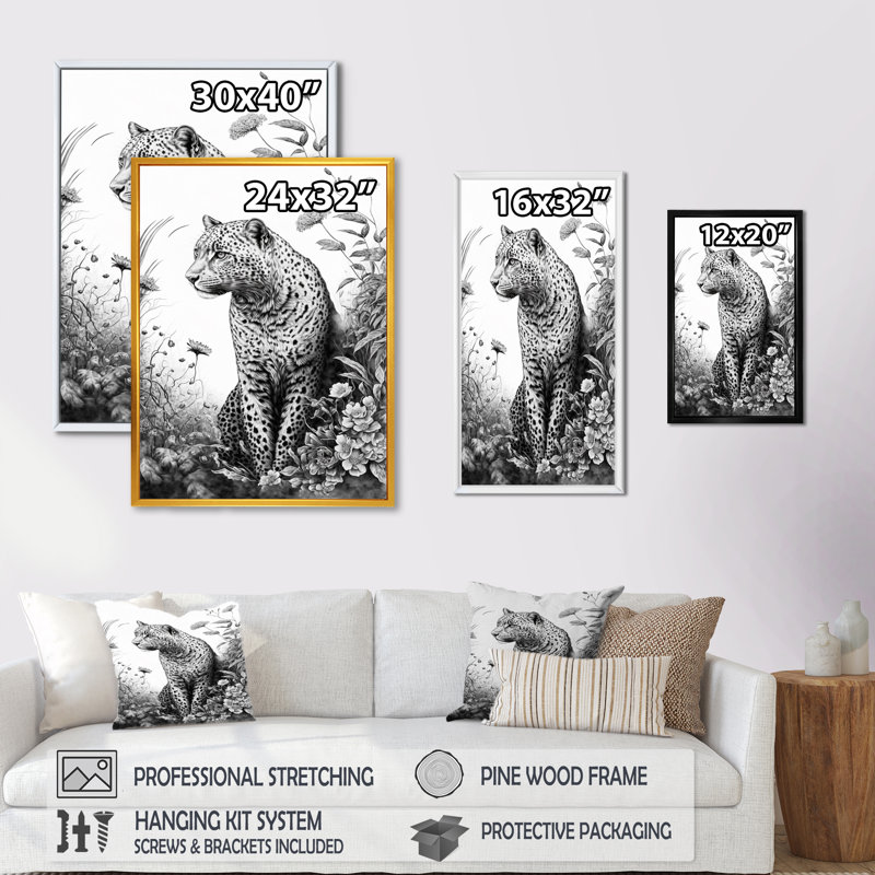 Léopard noir et blanc dans la jungle - reproduction d'art sur toile, H 20 po x l 12 po x P 1 po