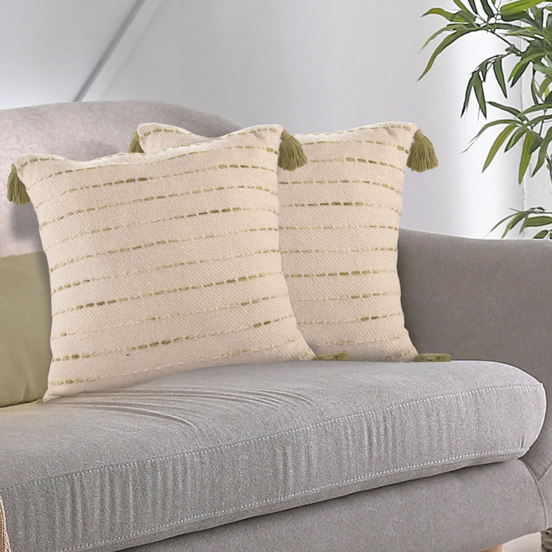 Tassels Throw Pillow Set of 2, Olive Green/Ivory