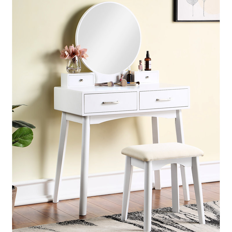 White Wood Vanity And Stool - Contemporary Design With Cushioned Seating, Storage Drawers For Makeup Essentials, 31.5"W X 15.75"D Table Top, 16.23"W 12.6"D 17.52"H Modern , Round Mirror, Solid