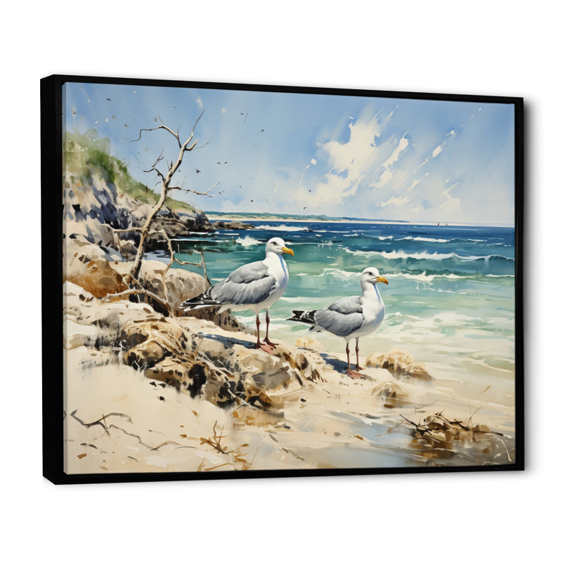 Beach Seagulls In Flight I, reproduction d'art sur toile, Cadre flottant noir, H 16 po x l 32 po x P 1 po