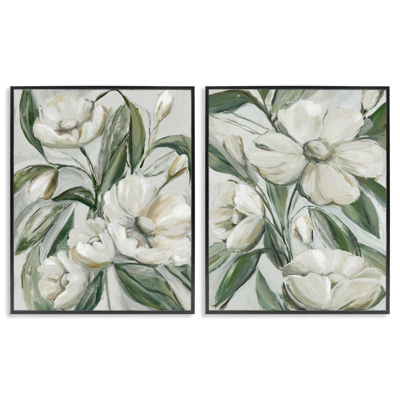  «White Blossoms & Leaves», ensemble de 2 giclées par Hannah Dawson, H 20 po x l 16 po, Giclée encadrée noir minuit