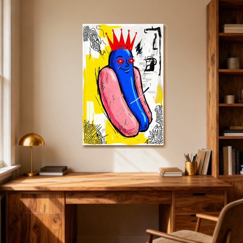 Animaux saucisse bleue avec couronne rouge et yeux, H 18 po x l 12 po