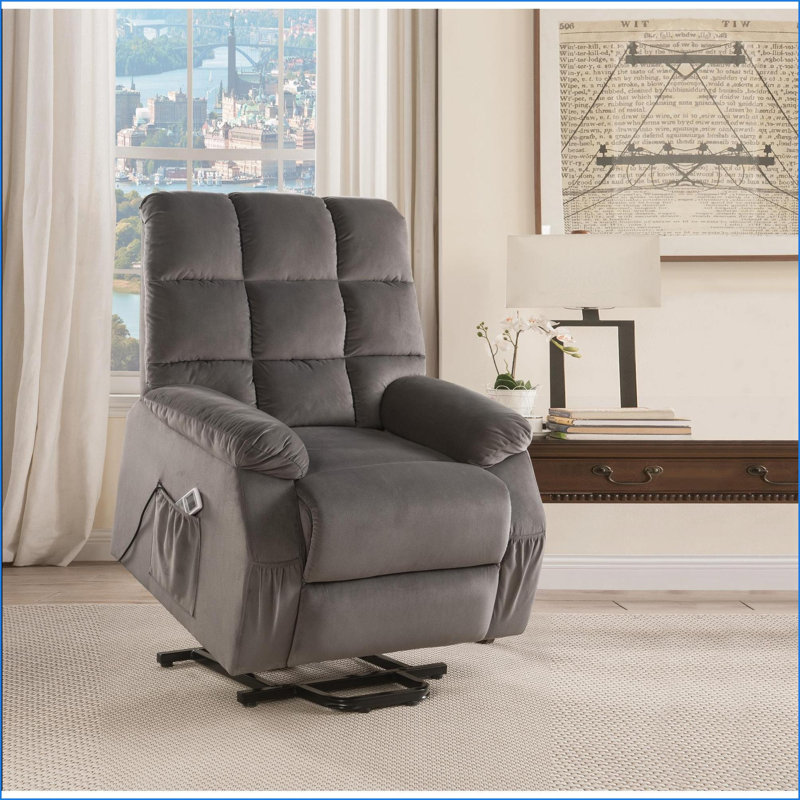 Fauteuils inclinables avec lève-personne électrique, massage et amp; Chaleur | Velours gris ardoise | Bois et tissu