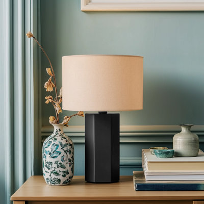 Lampe de table 20,8 po avec base en métal noir mat et abat-jour en lin, douille E26 - Éclairage décoratif moderne pour la chambre à coucher, le salon ou le bureau