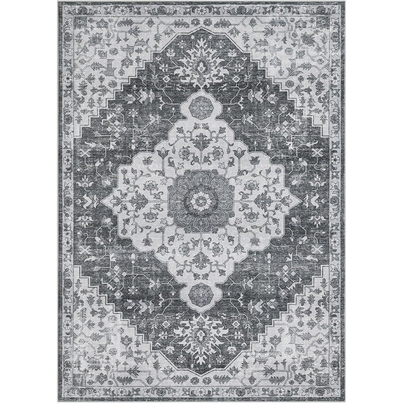 5x7 Ft Machine Washable Area Rug, Non-Slip Non-Shedding Vintage Rug for Living Room, Low Pile Oriental Medallion Floral Carpet, Indoor Foldable (Red)