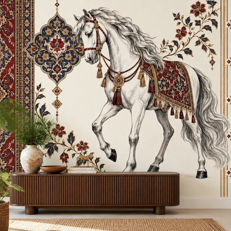 Adhésif mural cheval blanc, 100 po x 96 po, Non tissé