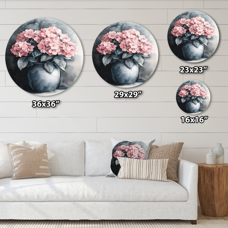 Hortensia rose dans un vase monochrome - Hydrangea, art mural rond en métal pour le salon, H 16 po x l 16 po