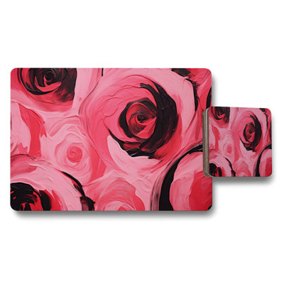 Pink Rose Placemats And Coaster Set With Abstract Floral Design