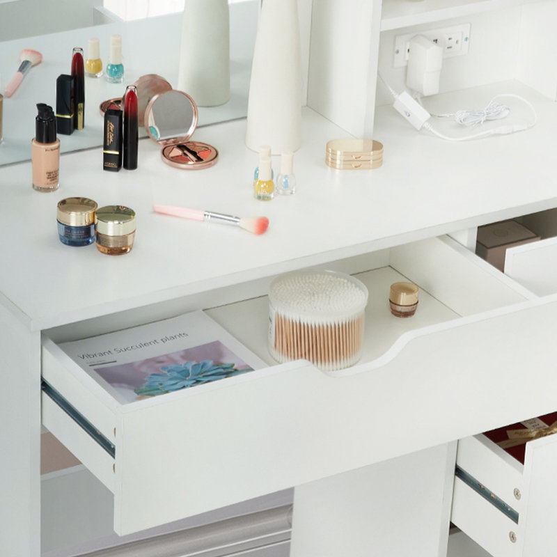 Meuble-lavabo 35 po avec lumières miroir, 4 tiroirs et multiprise, éclairage réglable pour la chambre à coucher, Blanc