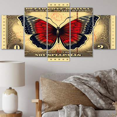 Retro Illustration Of Red Butterfly I - Animals Butterfly Canvas Art Print - 5 Panels