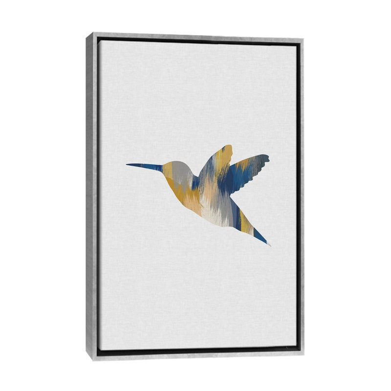 Colibri bleu et jaune I - impression d'art graphique, H 60 po x l 40po x P 1,5 po, Toile avec cadre argenté
