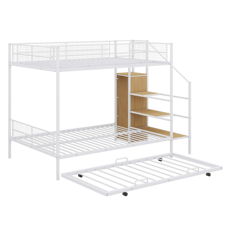 Lit superposé en métal avec lit gigogne, échelle de rangement latérale et garde-robe, Blanc