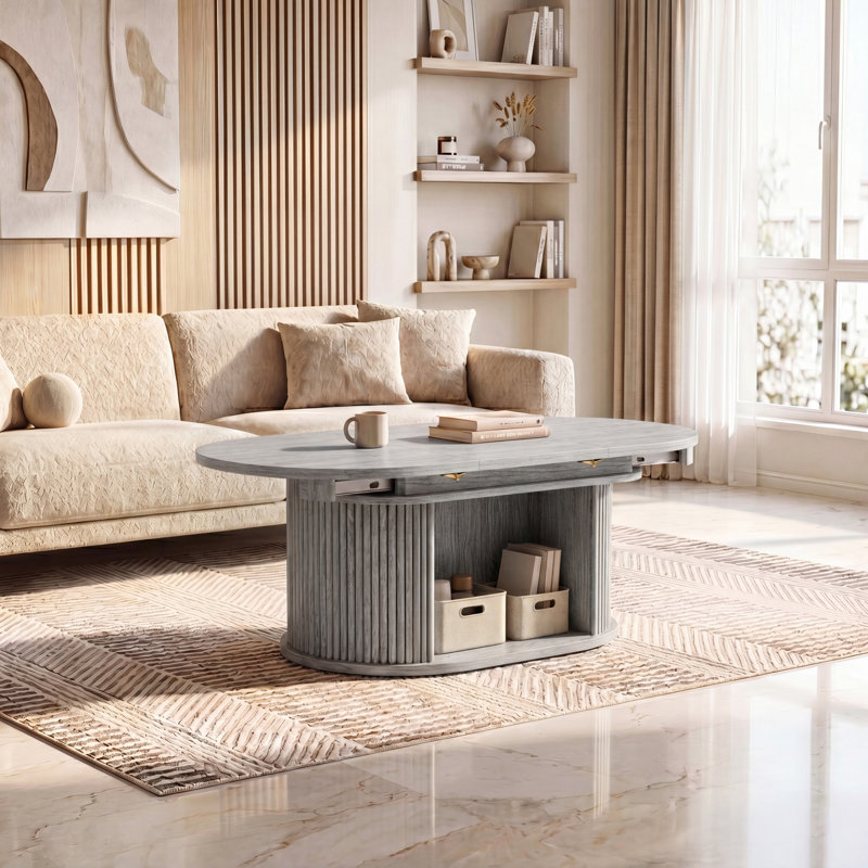 Table basse ovale extensible cannelée de 45 po avec rangement caché, centre de table Mid-Century moderne en bois avec porte coulissante pour le salon, appartement