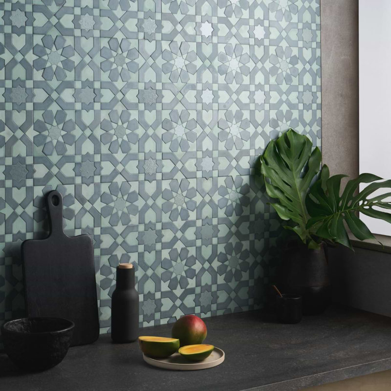 Cantico Fes Mixed Finish Lava Stone And Cement Mosaic Tile, Ocean Blue