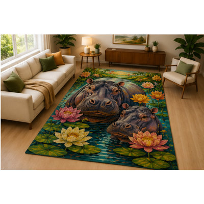 Tapis d'intérieur ultra-léger 152 x 213 cm (5' x 7') motif hippopotame et lotus, à poils courts et doux, avec envers antidérapant en silicone. Décoration aquatique pour salon, chambre, salle familiale, chambre d'enfant et animaux de compagnie. Vert.