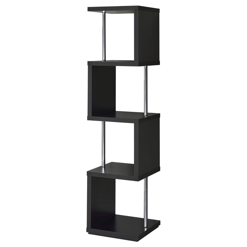 Bibliothèque à 4 niveaux avec finition noire et chrome, étagère moderne en métal et bois pour le rangement de la maison et du bureau | Idée de cadeau